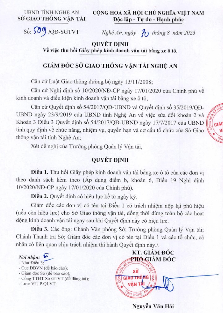 Hồ sơ, thủ tục thu hồi giấy phép kinh doanh vận tải